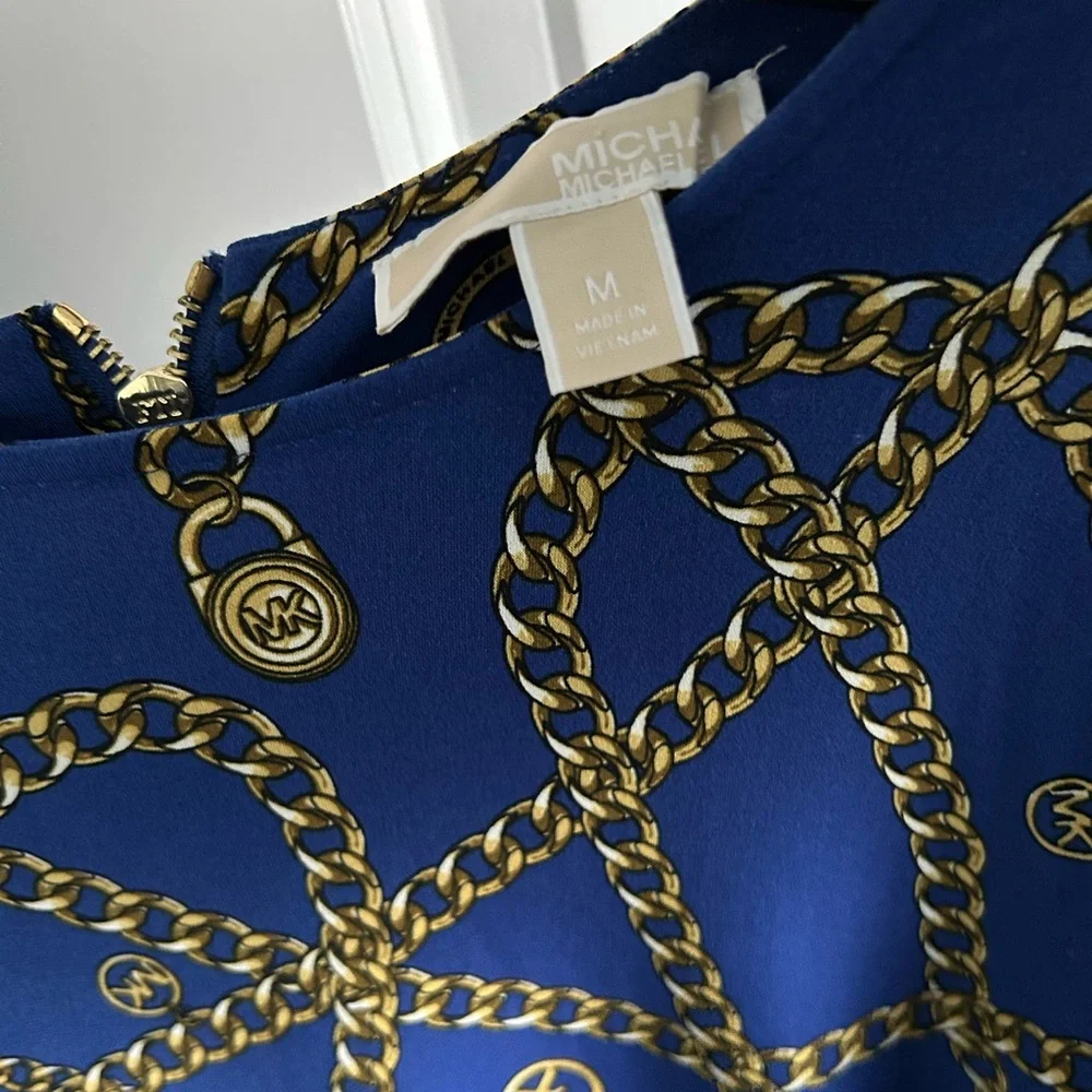 Michael Kors Jersey Knit Chain All Over Print Dress M Pullover Zip Short Casual